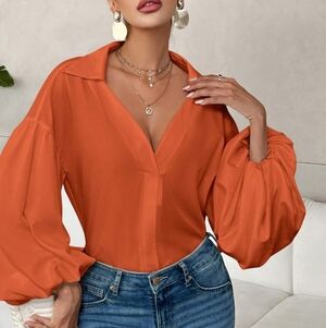 Orange Women's Balloon Sleeve Blouse